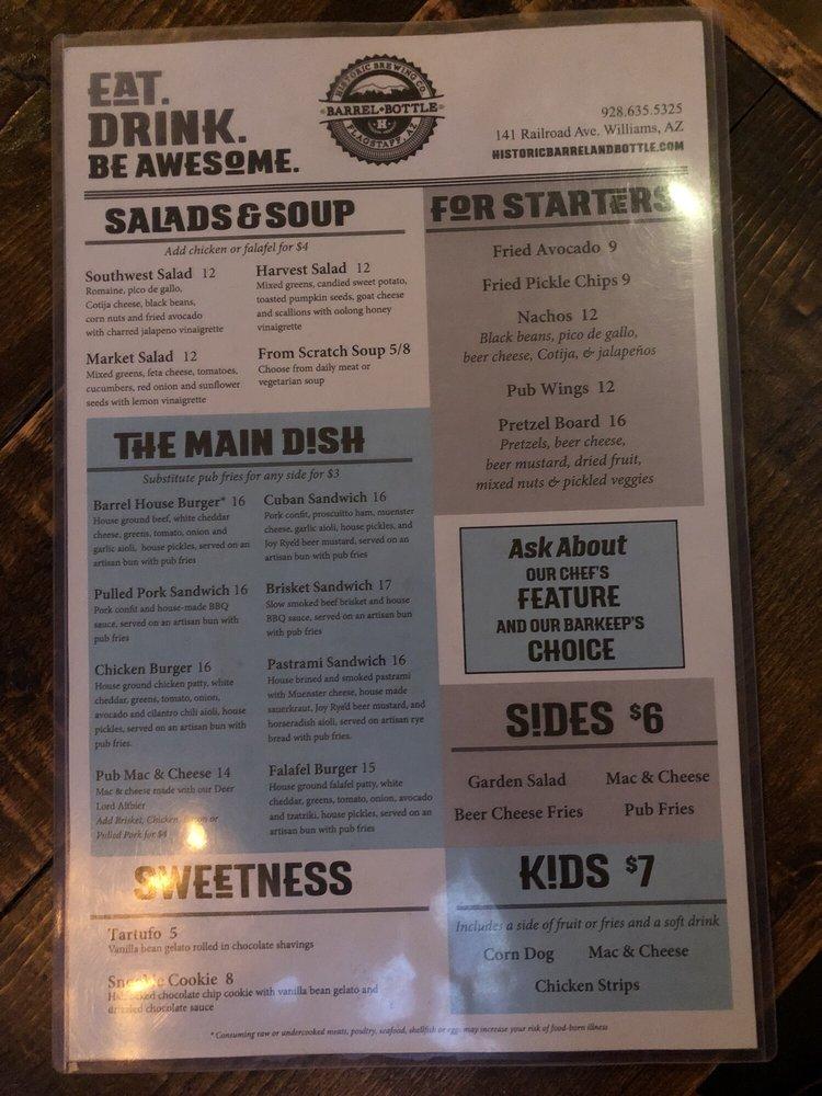 Menu at Historic Brewing Barrel + Bottle House Williams, Williams