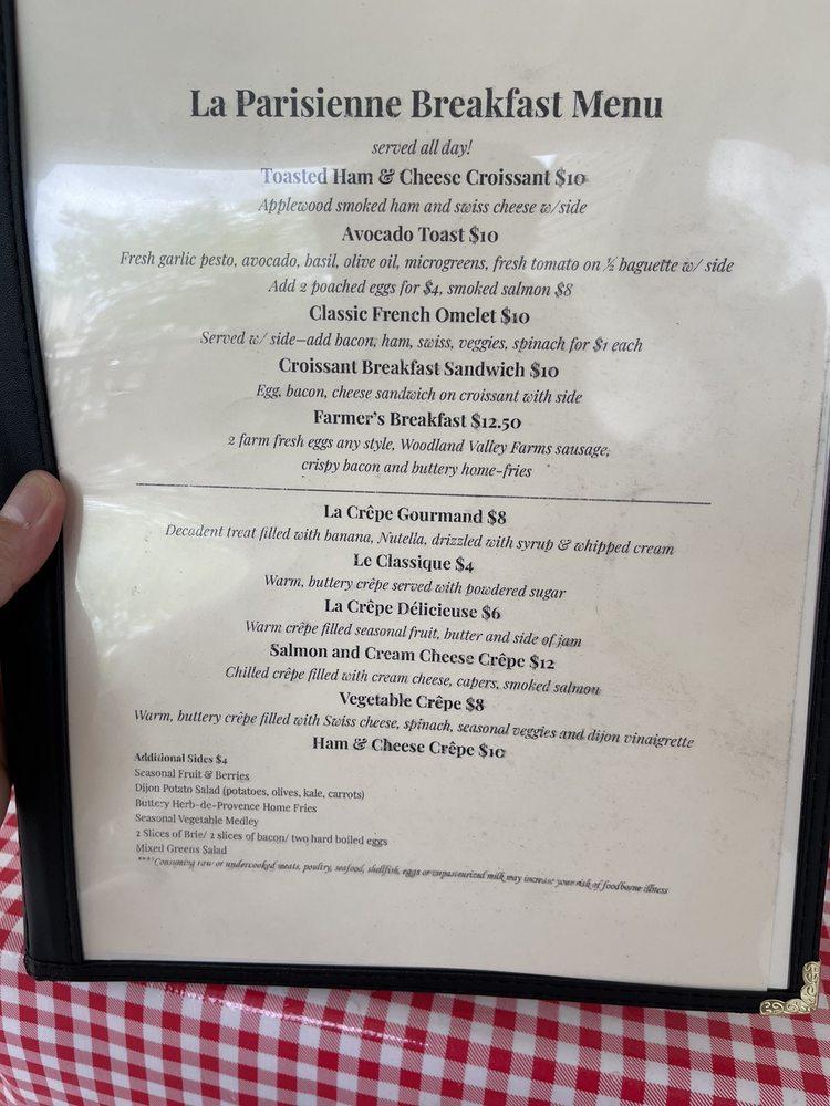 Menu at La Parisienne French restaurant and bakery, Aiken