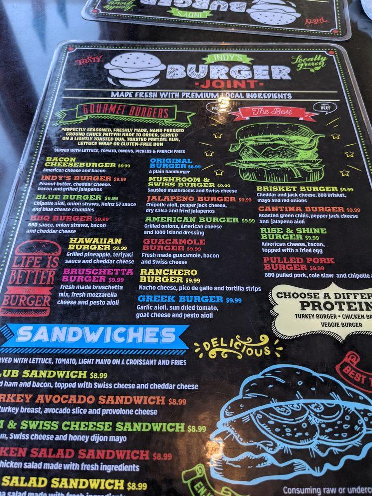 Menu at Indy's Burger Joint restaurant, Indianapolis