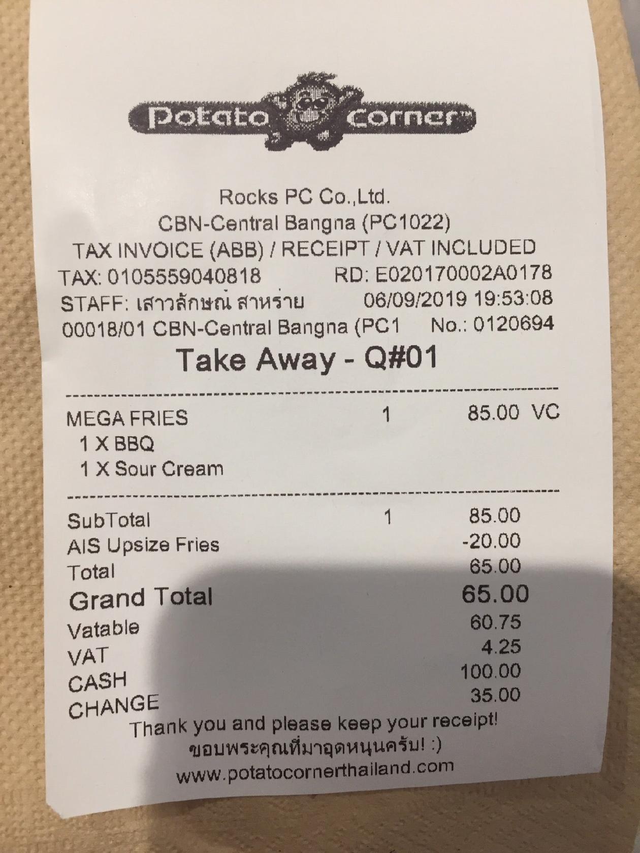 Menu at Potato corner restaurant, Bangkok, Central City Bang Na