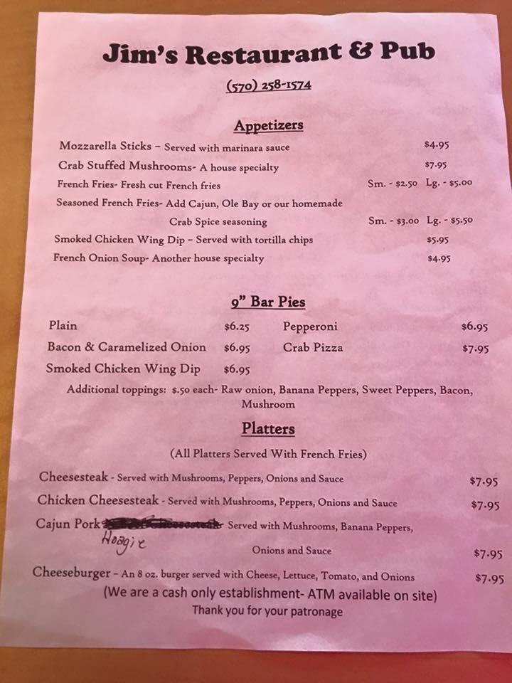 Menu at Jim's Resturant & Pub, Nanticoke, 62 W Green St