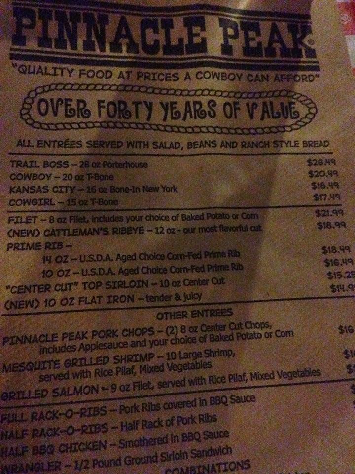 Menu at Pinnacle Peak Steakhouse, Colton, S La Cadena Dr