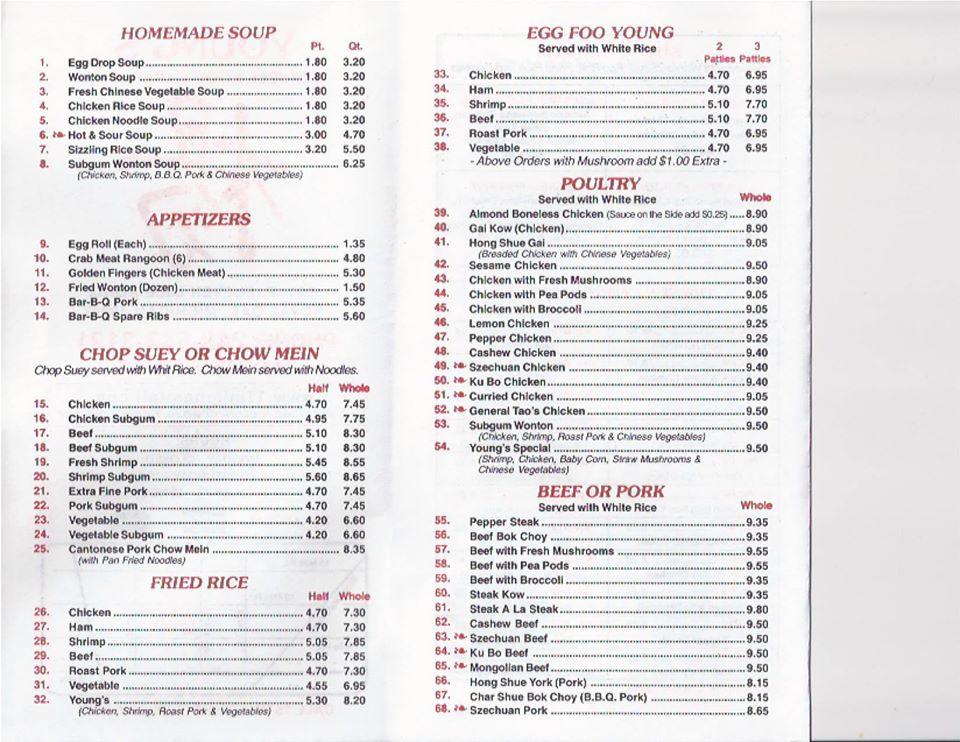 Menu at Young's Chinese Food Carryout restaurant, Royal Oak
