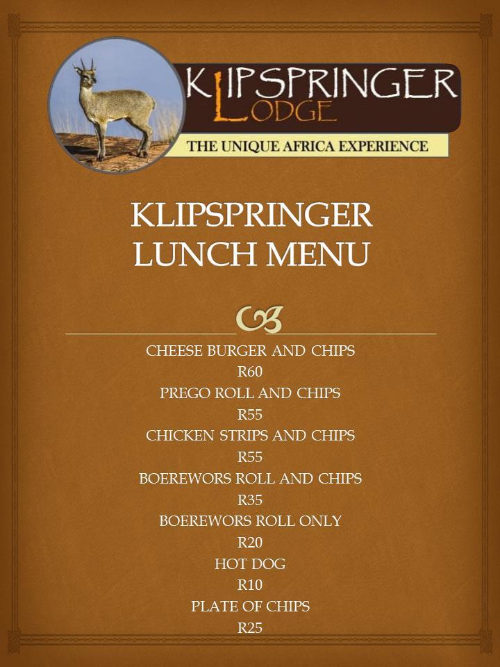 Speisekarte von Klipspringer Lodge restaurant, Mbombela