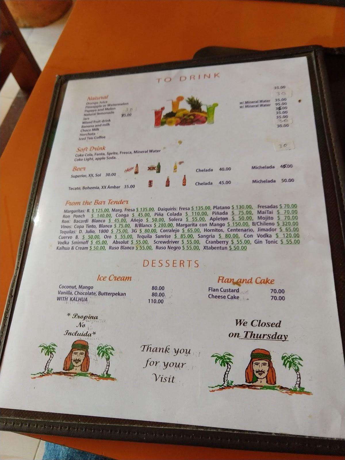 Menu at Restaurante El Moro, San Miguel de Cozumel