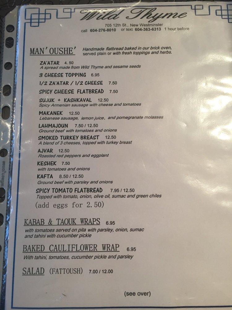 Menu at Wild Thyme restaurant, New Westminster