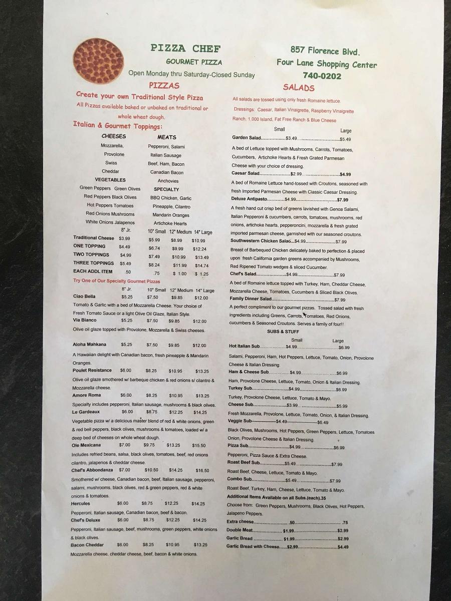 Menu at Pizza Chef Gourmet Pizza pizzeria, Florence, 857 Florence Blvd