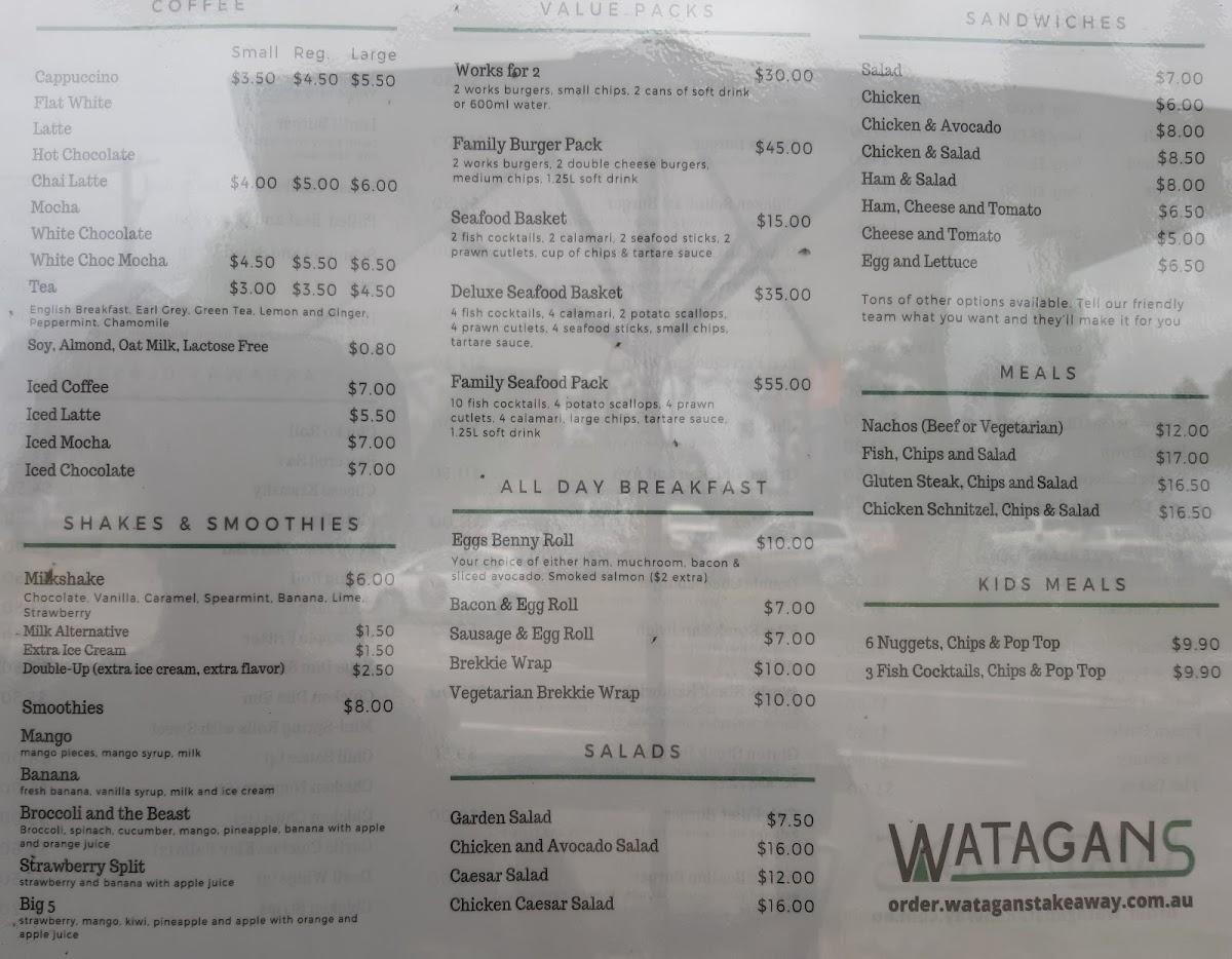 Menu at Watagans Takeaway restaurant, Cooranbong