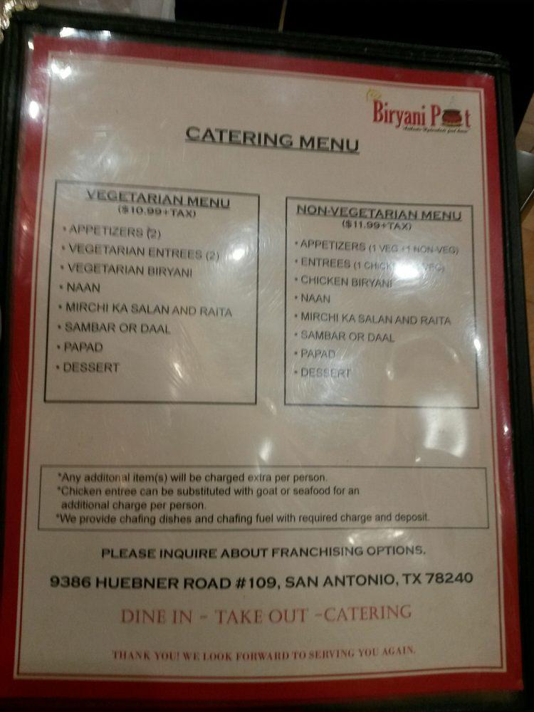 Menu at Biryani Pot restaurant, San Antonio, Huebner Rd