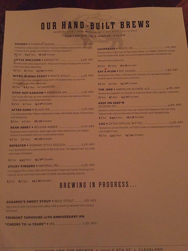 Menu at Butcher and the Brewer pub & bar, Cleveland