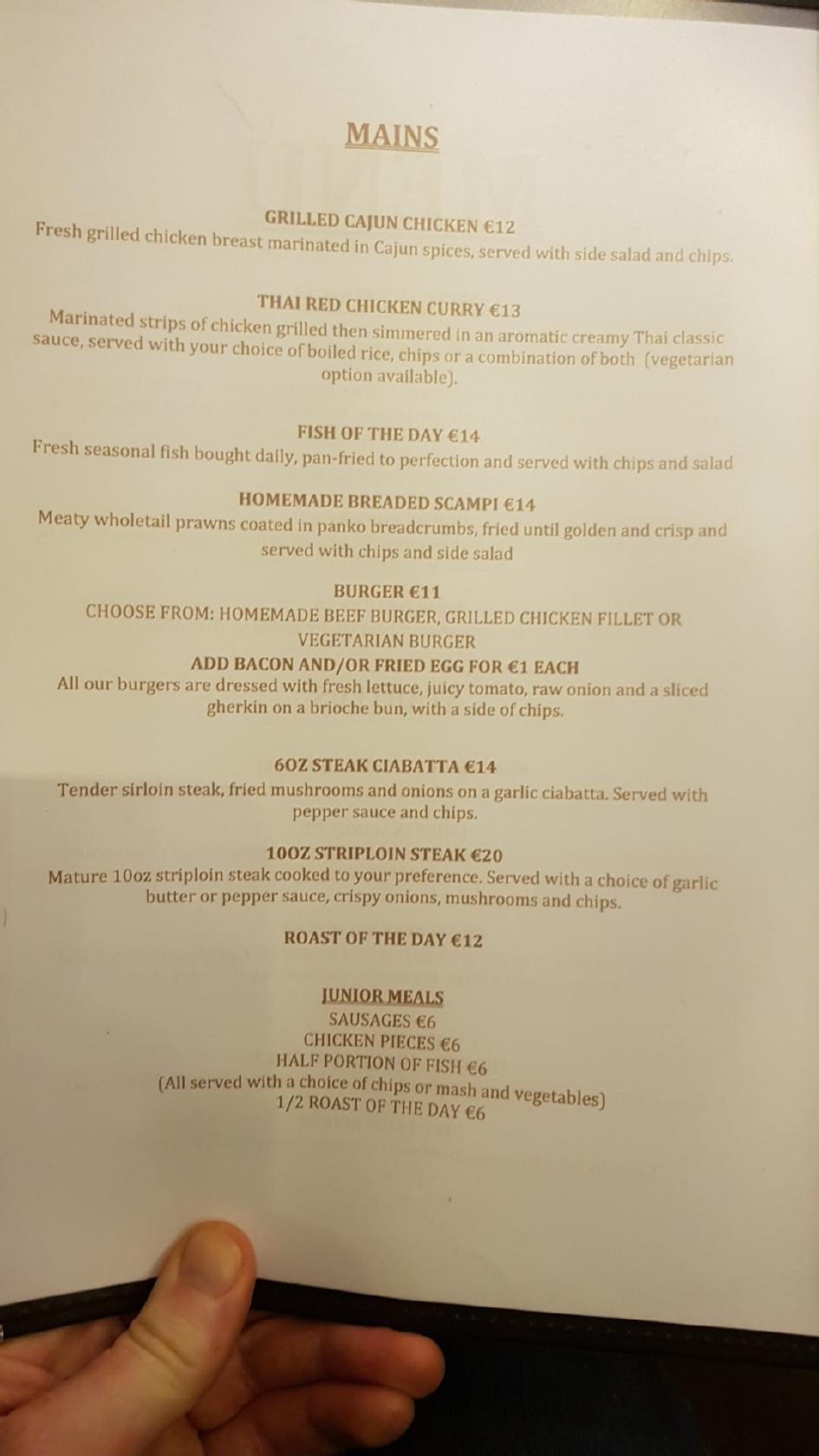 Menu at Grove Bar, Kilpedder, Willow Grove