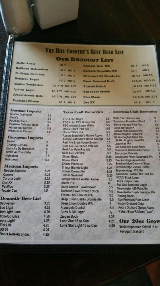 Menu at Silver Creek Beer Garden & Grille pub & bar, Fredericksburg