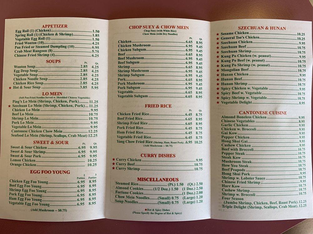 Menu at Ping's restaurant, Rochester Hills