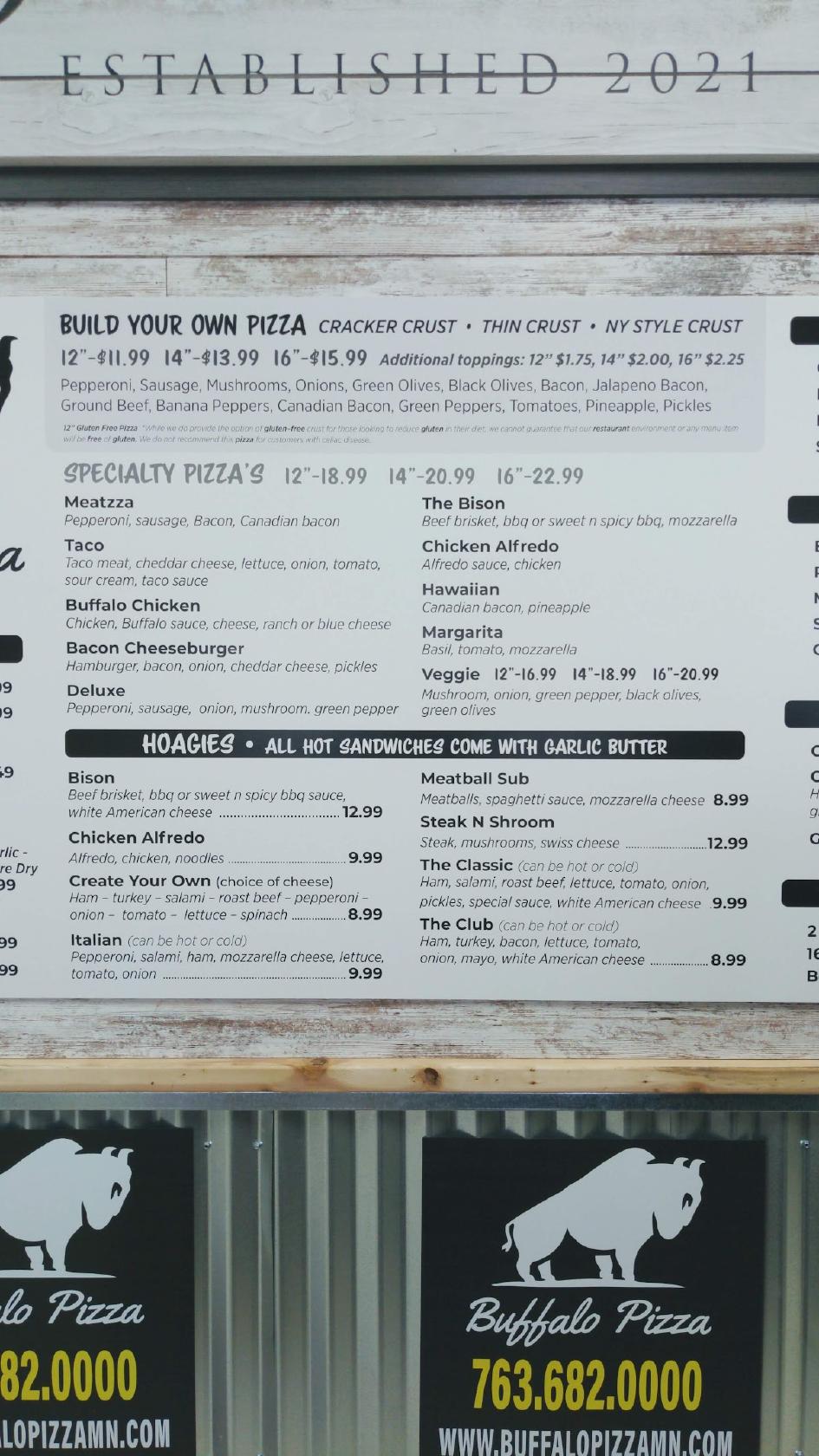 Menu at Buffalo Pizza pizzeria, Buffalo
