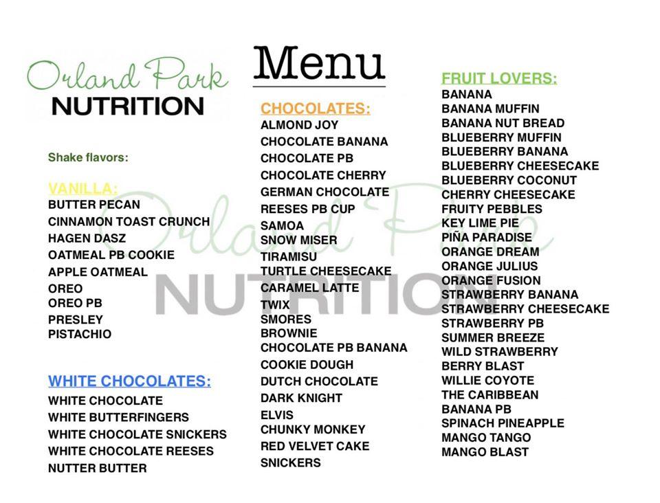 Menu at Orland Park Nutrition Smoothies & Acaì Bowls pub & bar, Orland