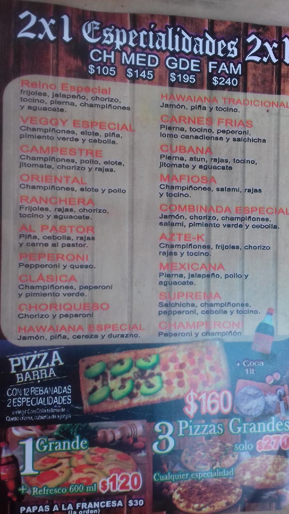 Menu at Reíno'S Pizza restaurant, Yanga