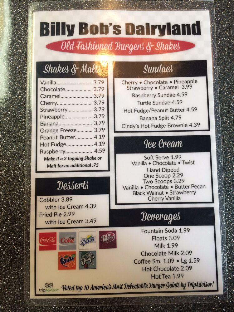 Menu at Billy Bob's Dairy Land restaurant, Branson, W 76 Country Blvd