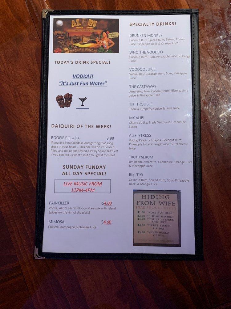 Menu At The Alibi Beach Lounge And Grill Pub And Bar Panama City Beach 4851