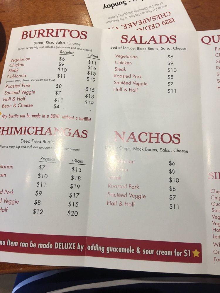 Menu at Burrito Perdido restaurant, Chesapeake