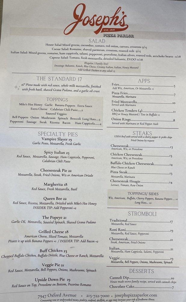Menu at Joseph's Pizza Parlor pizzeria, Philadelphia
