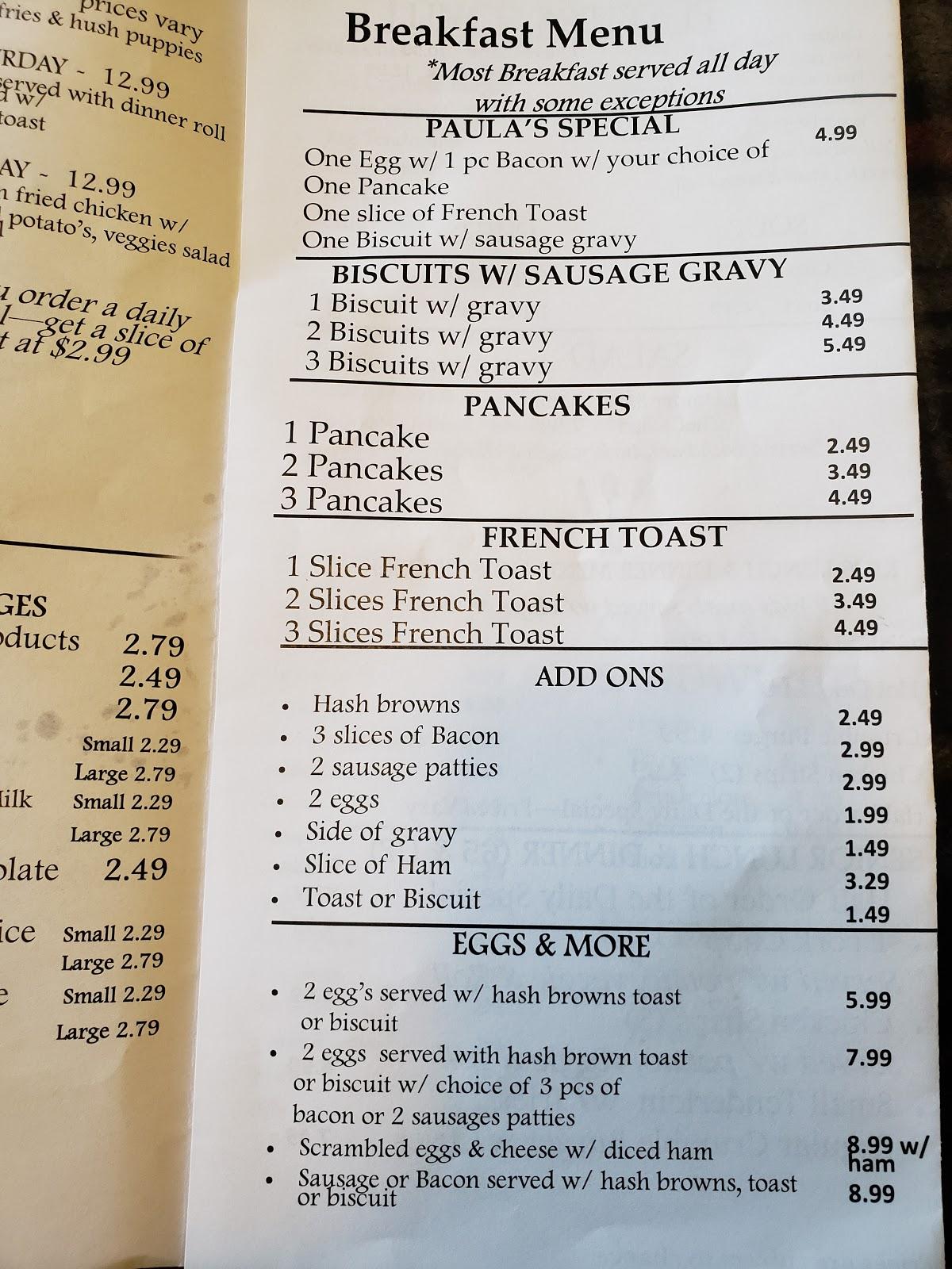 Menu at Paula's Diner restaurant, Independence