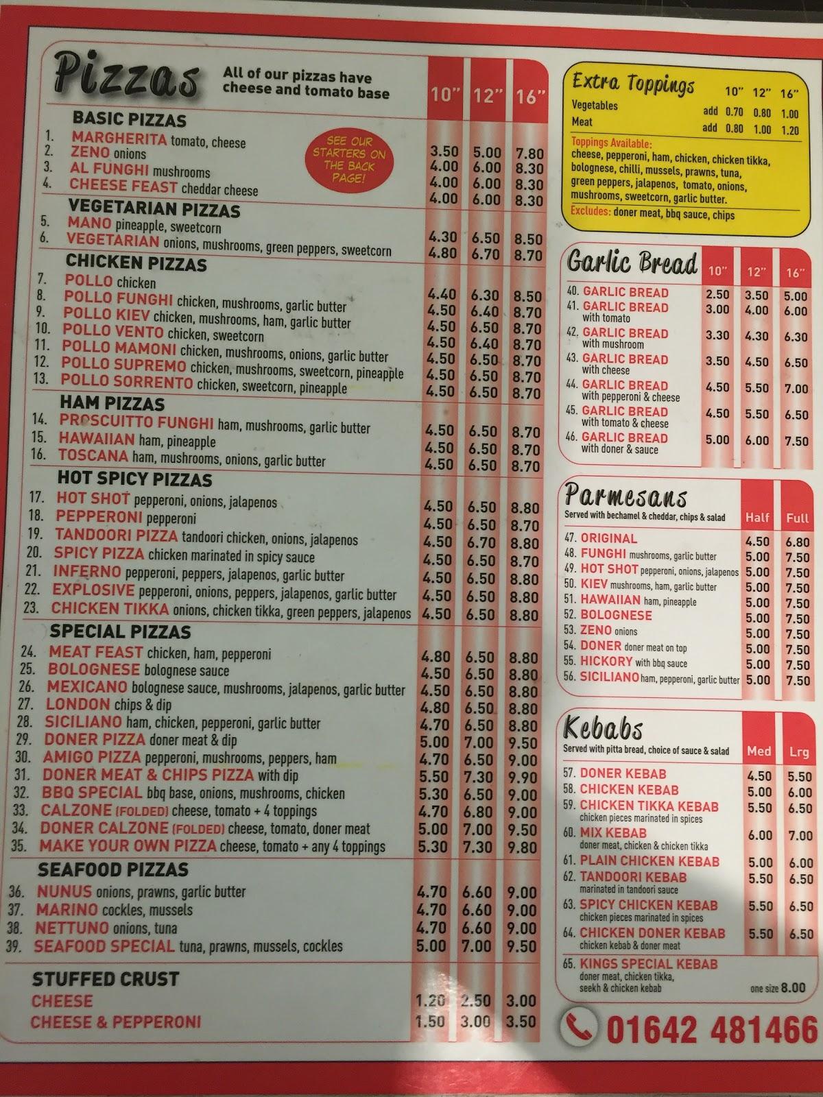 Menu at Kings pizzas pizzeria, Redcar