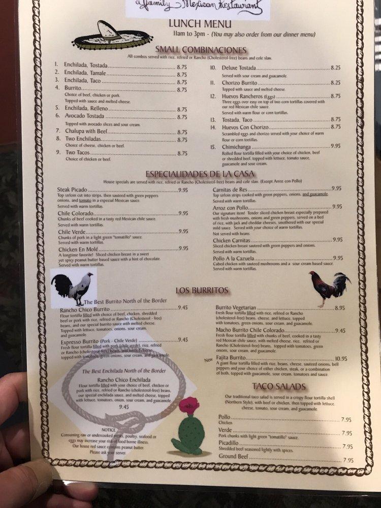 Menu at Rancho Chico restaurant, Omak