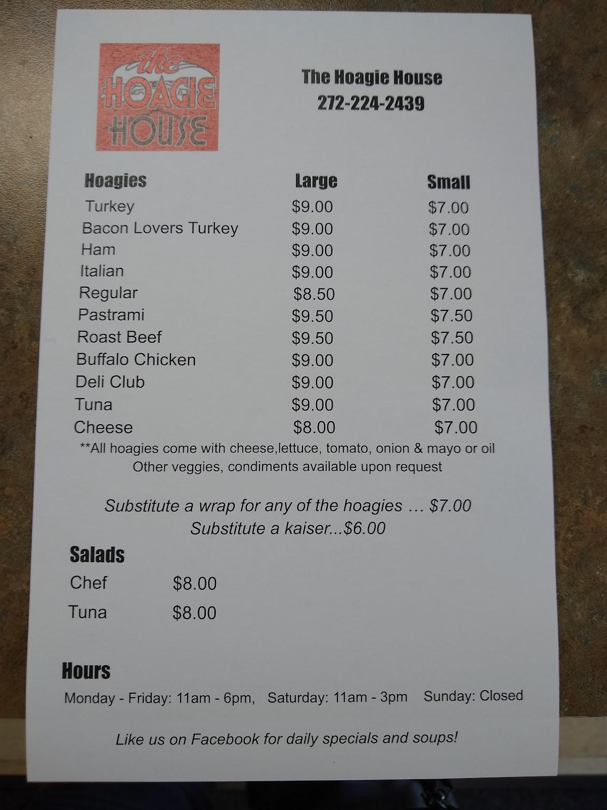 Menu at The Hoagie House restaurant, Minersville