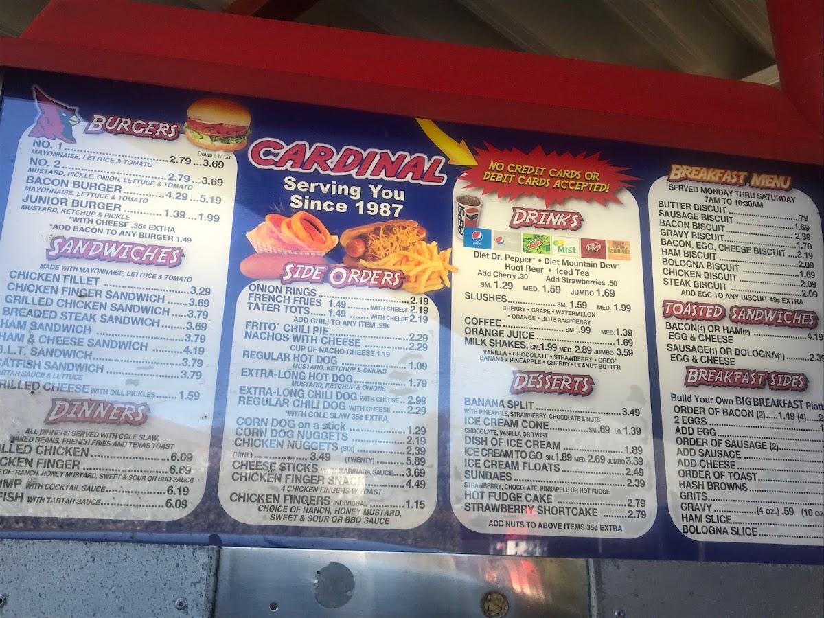 Menu at Cardinal Drive In restaurant, Winfield, 364 Bankhead Hwy