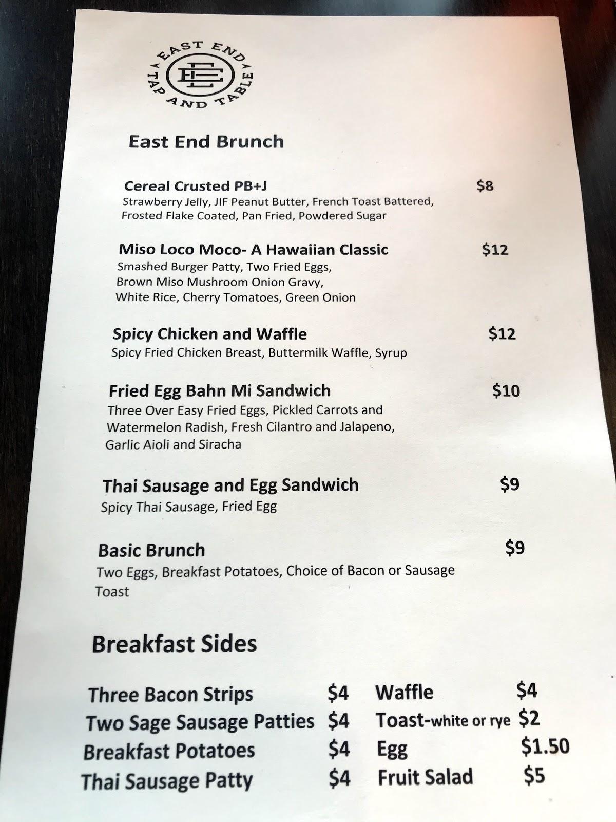 Carta del restaurante East End Tap and Table, Lexington
