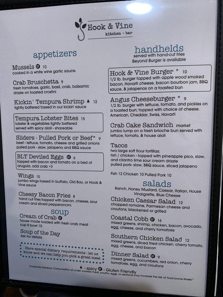 Menu at Hook & Vine Kitchen and Bar, North Beach