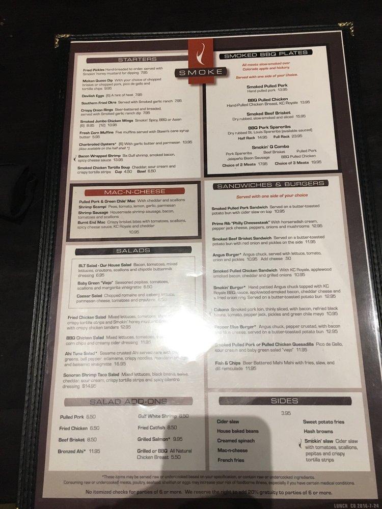Menu at Smoke Modern BBQ, Glenwood Springs