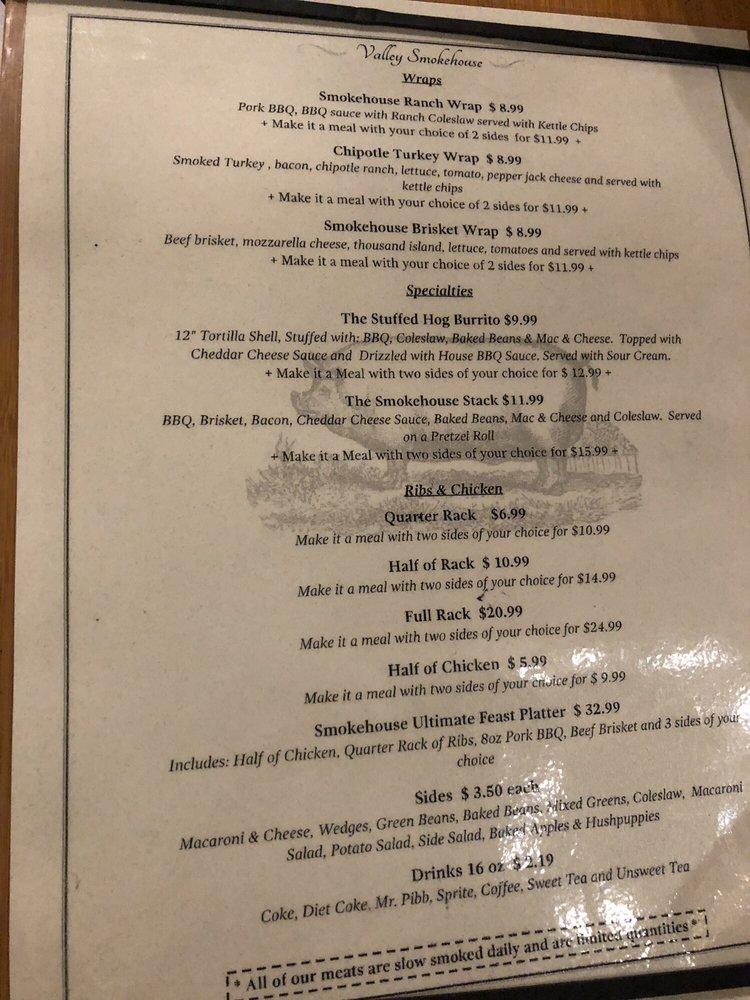 Menu at Valley Smokehouse BBQ, Staunton
