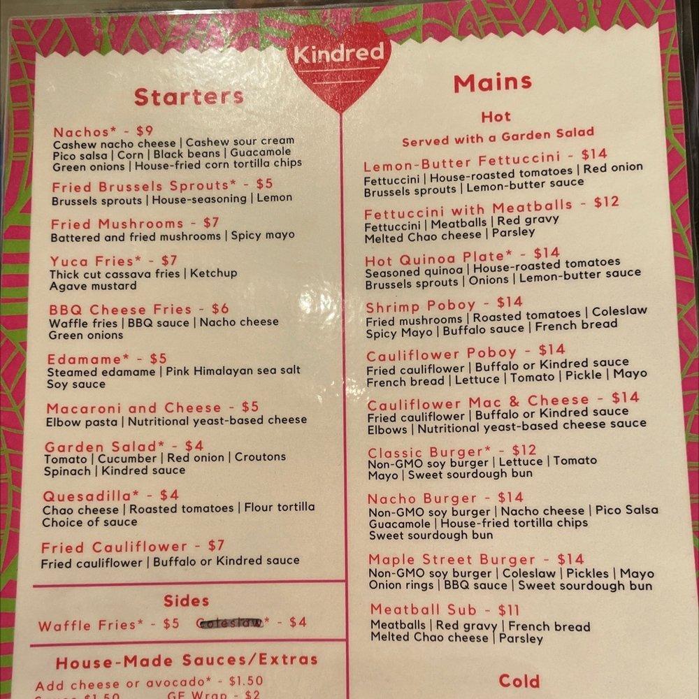 Menu at Kindred pub & bar, New Orleans