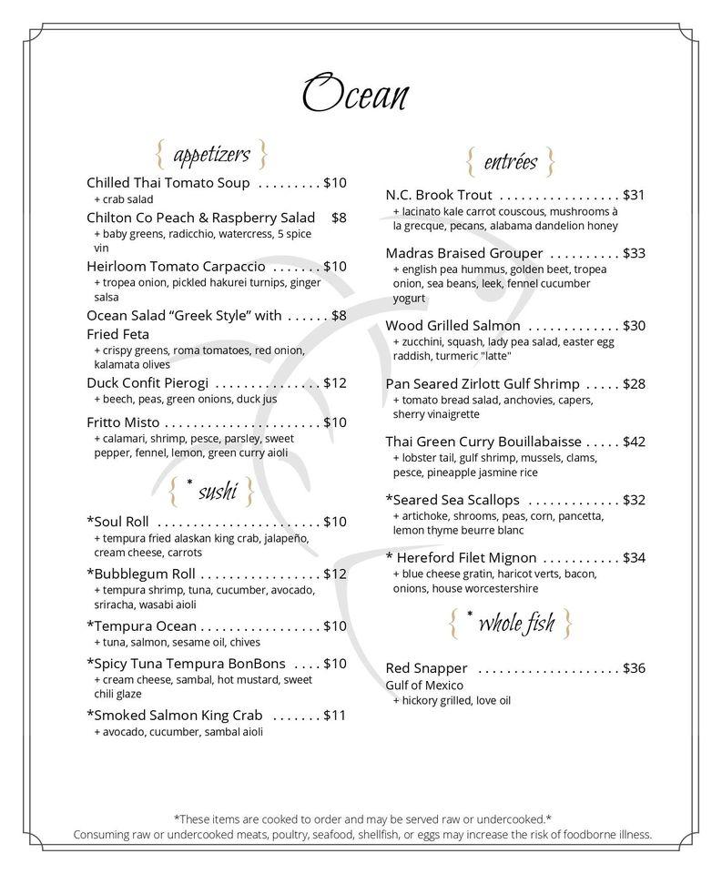Menu at Ocean Restaurant, Birmingham