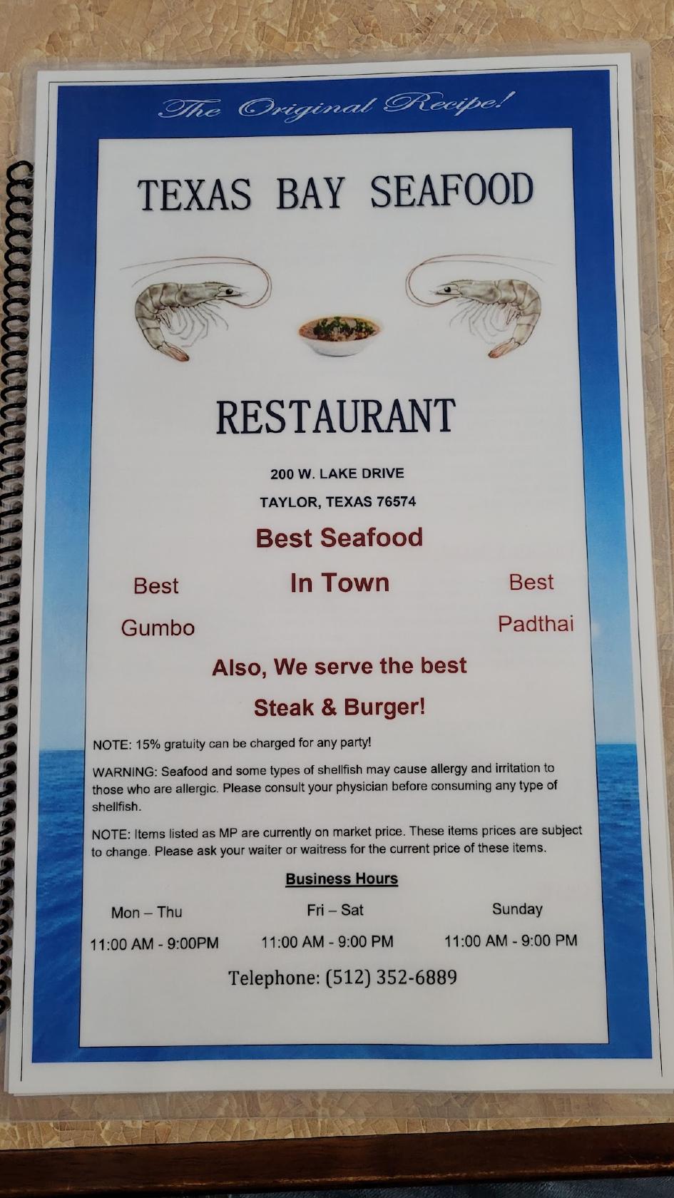Menu at Texas Bay Seafood and Steak In Taylor, TX steakhouse, Taylor