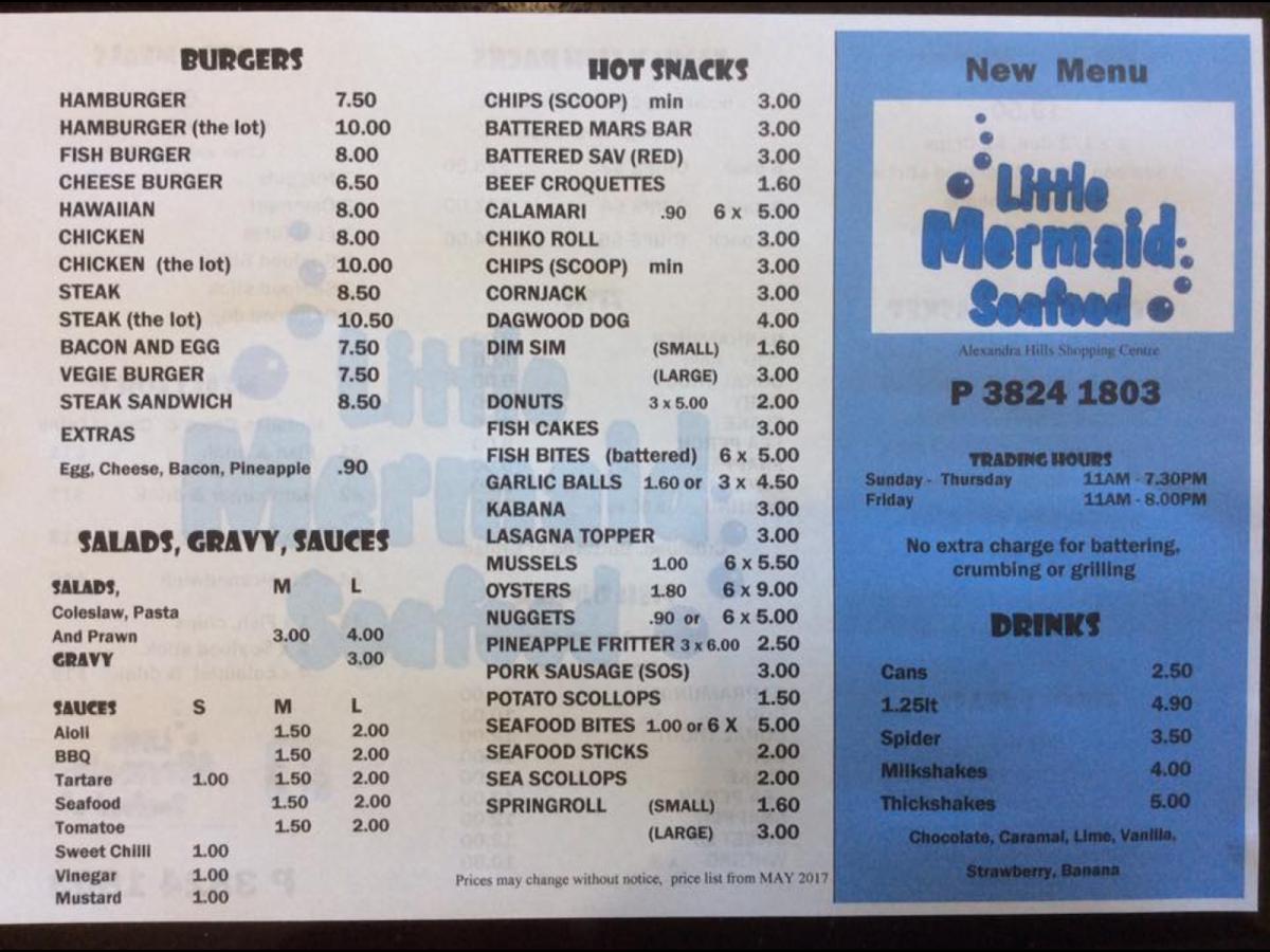 Menu at Blue Ocean takeaway restaurant, Alexandra Hills