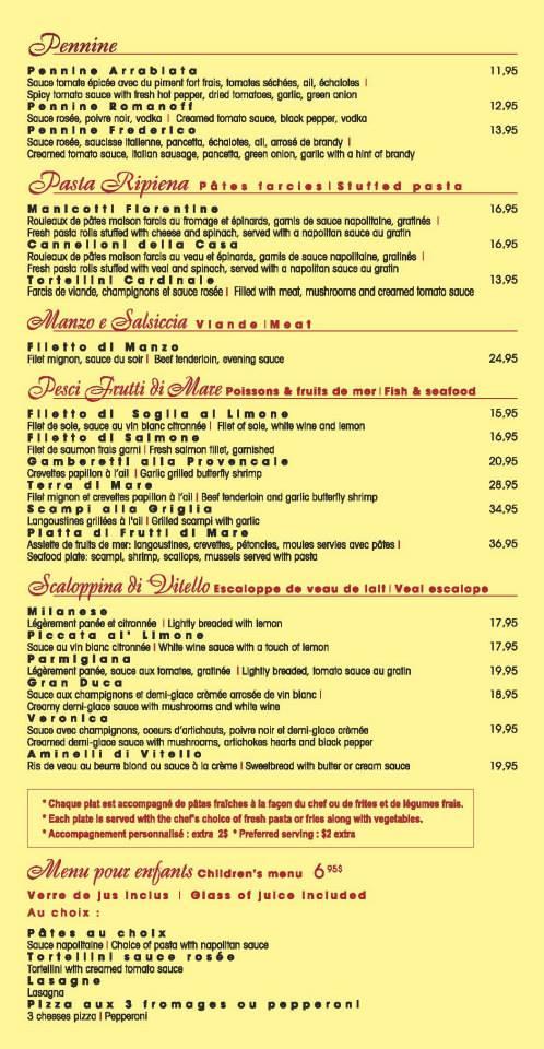 Menu at La chitarra moderna restaurant, Sainte-Adèle