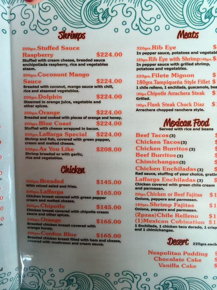 Menu at The Friendly Dolphin restaurant, Puerto Peñasco