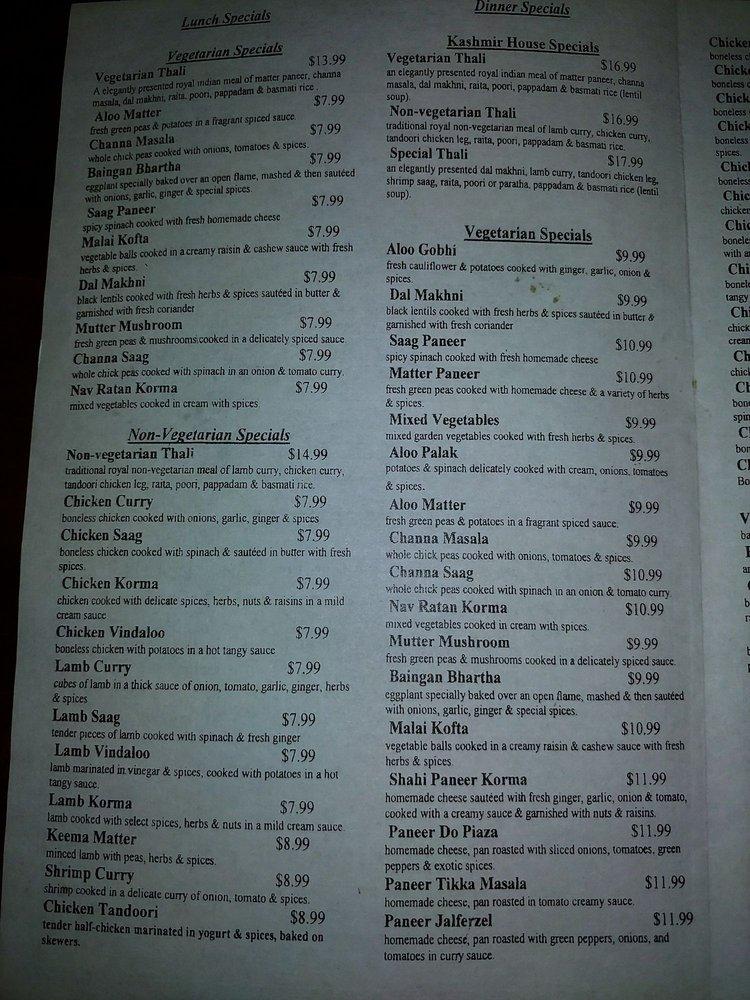 Menu at Kashmir Indian Restaurant, Louisville, Bardstown Rd