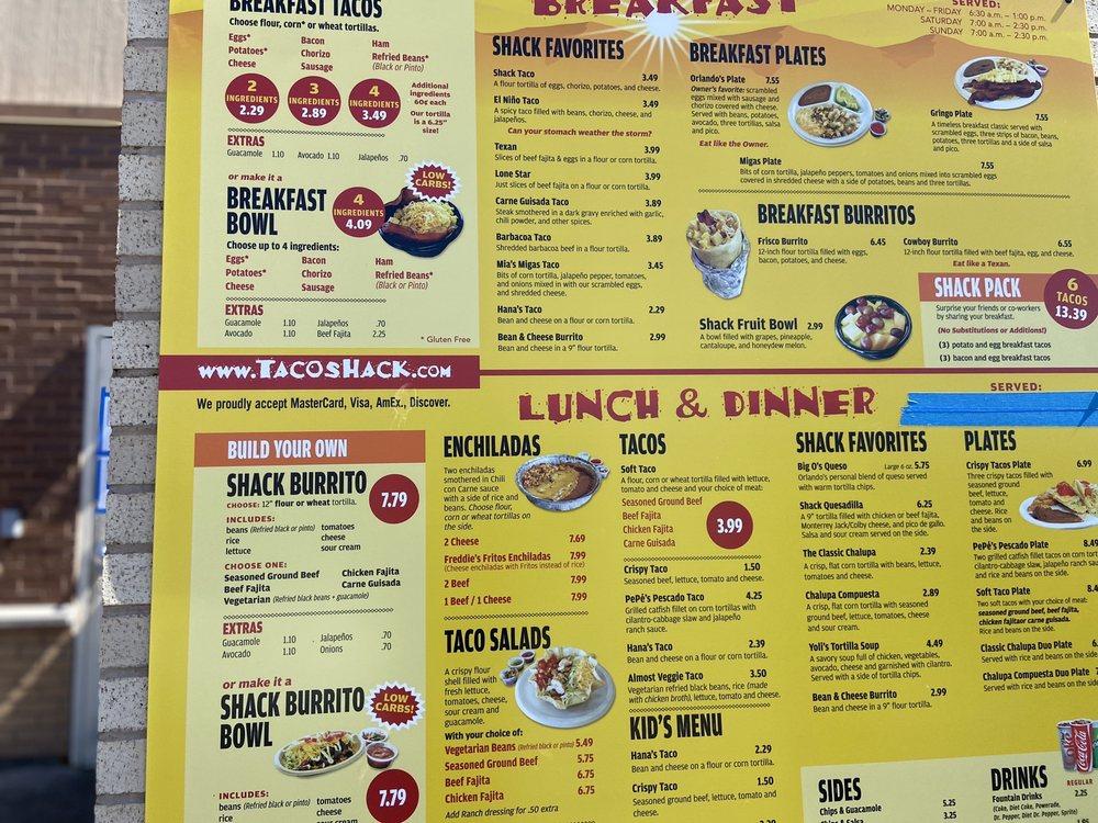 Menu at Taco Shack restaurant, Frisco