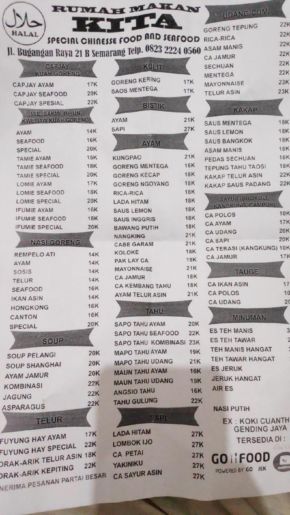 Menu at RM Kita restaurant, Semarang