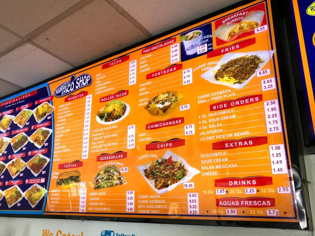 Menu at Rodrigo's Taco Shop restaurant, San Diego, H