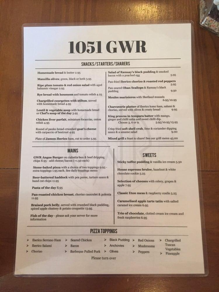 Menu at 1051 GWR restaurant, Glasgow, Great Western Rd