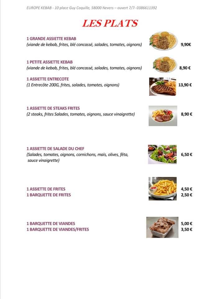 Menu at Sarl Europe Kebab pub & bar, Nevers