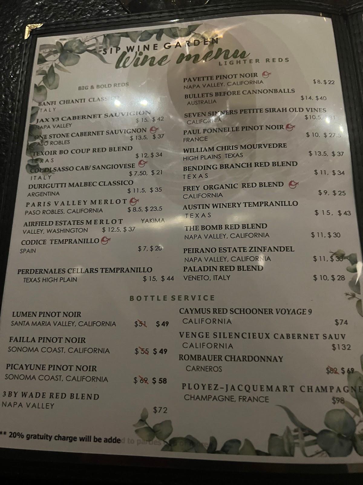 Menu at Sip Wine Garden pub & bar, Cibolo