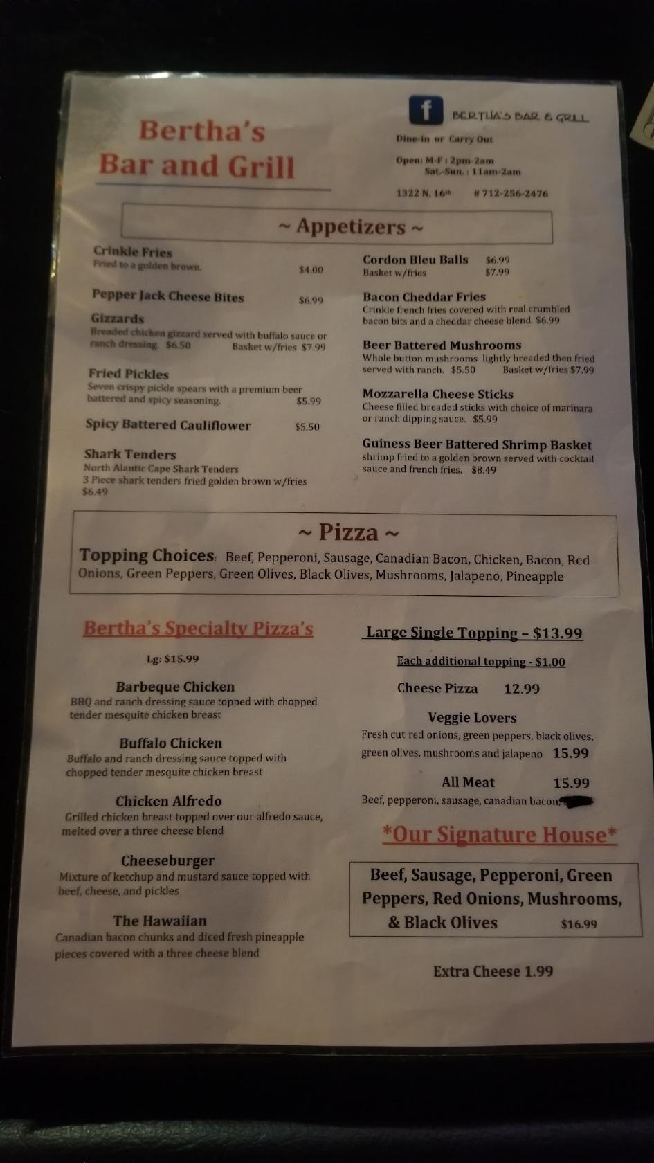 Menu at Bertha's Bar & Grill, Council Bluffs, N 16th St