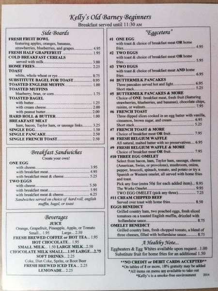 Menu at Kelly's Old Barney Restaurant, Barnegat Light