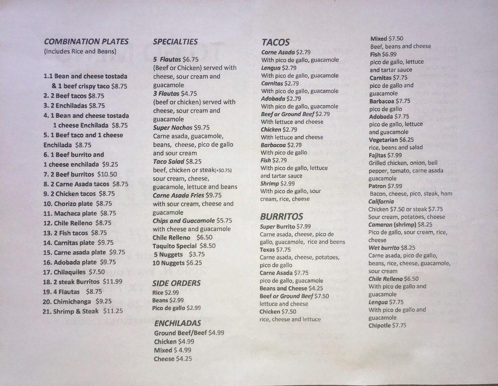 Menu at Los Burritos restaurant, Killeen