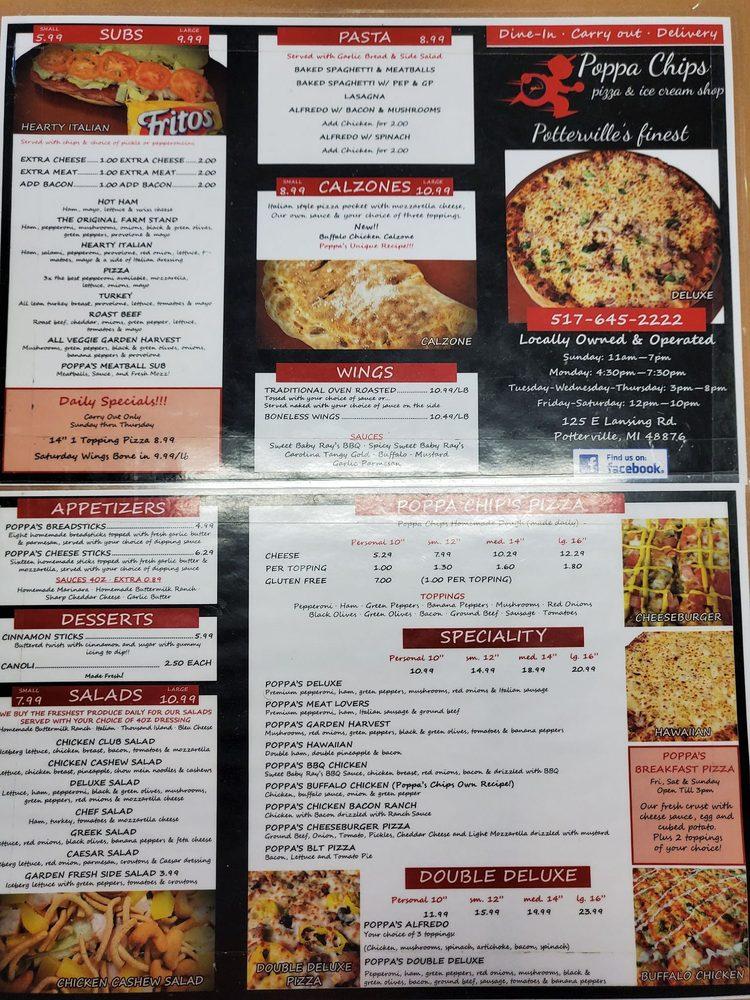 Menu at Poppa Chips Pizza and Ice Cream Shop pizzeria, Potterville